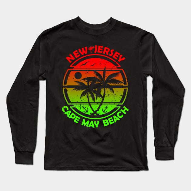 Cape May Beach New Jersey, Tropical Palm Trees, Ship Anchor - Summer Long Sleeve T-Shirt by Jahmar Anderson